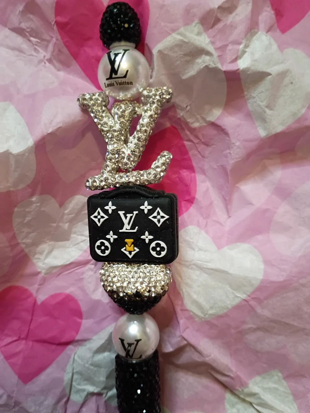 Black and Crystal Logo Charm Beaded Pen Accessory